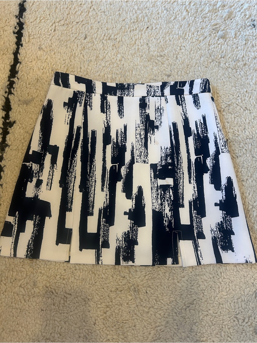 Aqua Navy and White Abstract Pleated Mini Skirt
